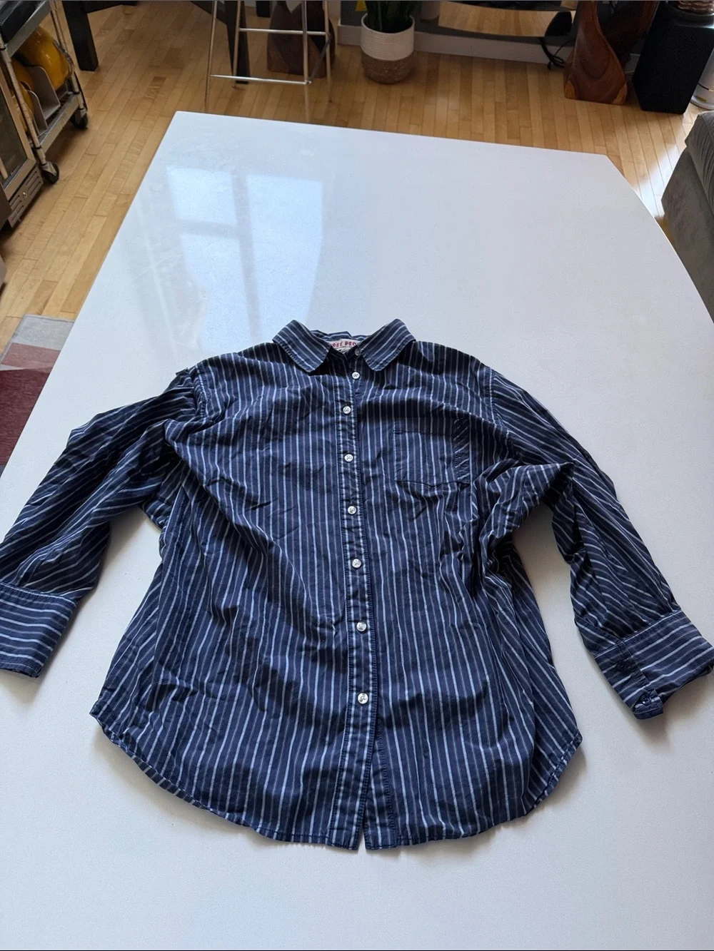 Free People Navy Striped Button-Down Shirt, Oversized, Dolman Sleeve Relaxed Fit